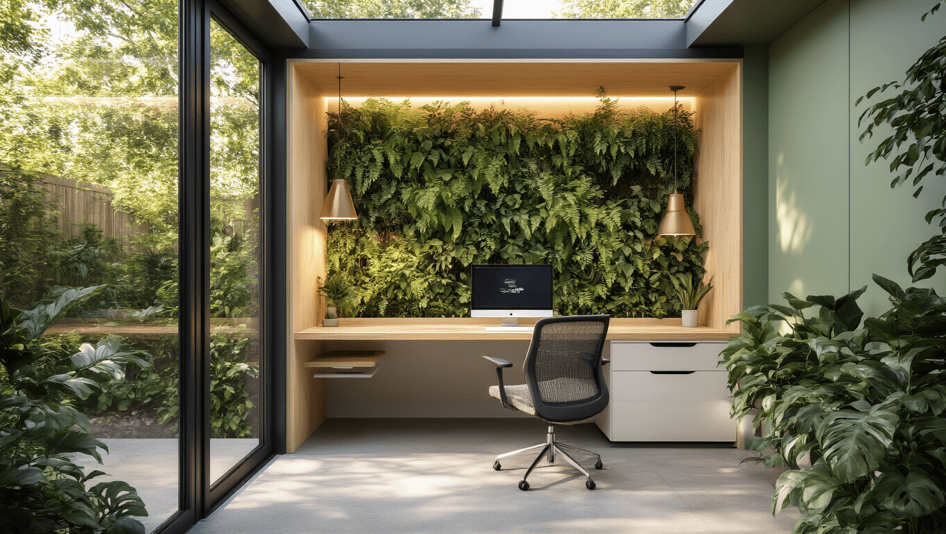 Photorealistic wide-angle shot of a contemporary garden office pod with Scandinavian architecture, featuring floor-to-ceiling windows, a floating light oak desk, living wall with ferns, ergonomic chair, polished concrete flooring, and warm accent details under golden hour lighting.