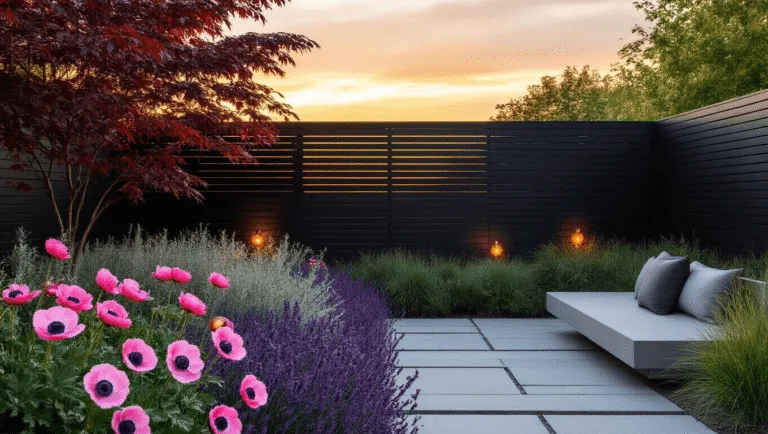 Contemporary garden at golden hour with black slat fence, vibrant pink anemones, purple salvias, silver artemisia, copper solar lights, natural stone pavers, minimalist concrete bench, and Japanese maple, emphasizing light and shadow.