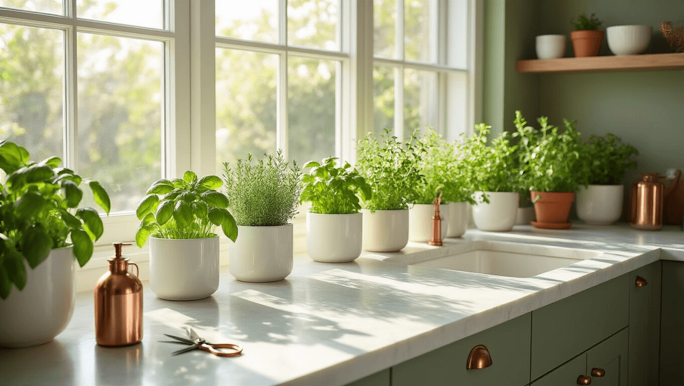 Photorealistic image of a sunlit modern kitchen featuring a curated herb garden with white quartz countertops, ceramic planters, and vibrant green herbs like basil and rosemary, complemented by sage green walls and brass fixtures.