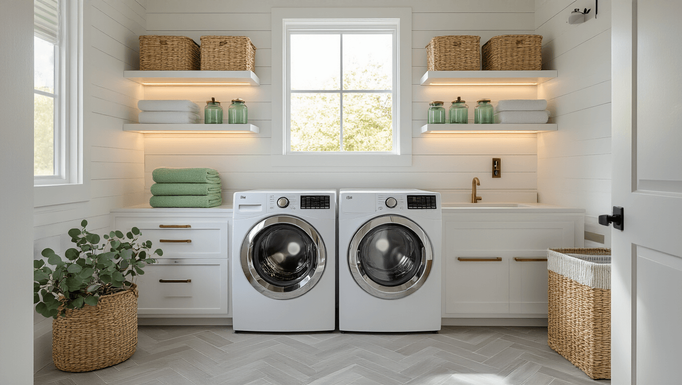 Photorealistic, bright compact laundry room featuring stacked white washer-dryer, custom white floating shelves with brass brackets, organized glass containers, and baskets, light gray herringbone vinyl flooring, shiplap accent wall, ambient LED lighting, and an industrial pendant light, all in a clean, minimalist aesthetic.