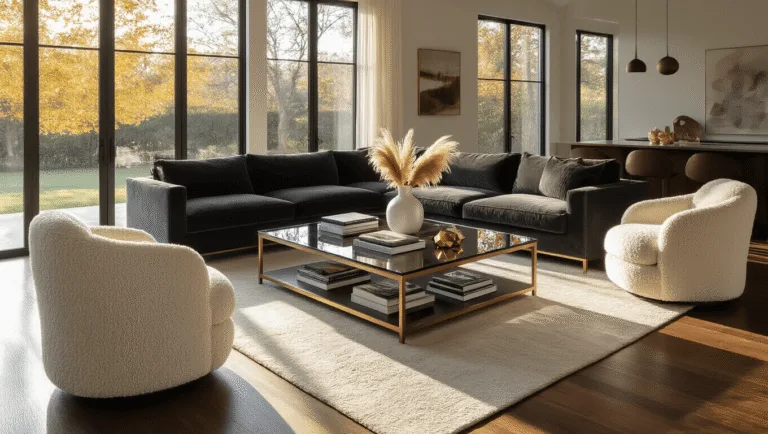 A modern living room featuring a rectangular coffee table with a smoked glass top and brushed bronze frame, surrounded by plush seating and bathed in golden hour light.