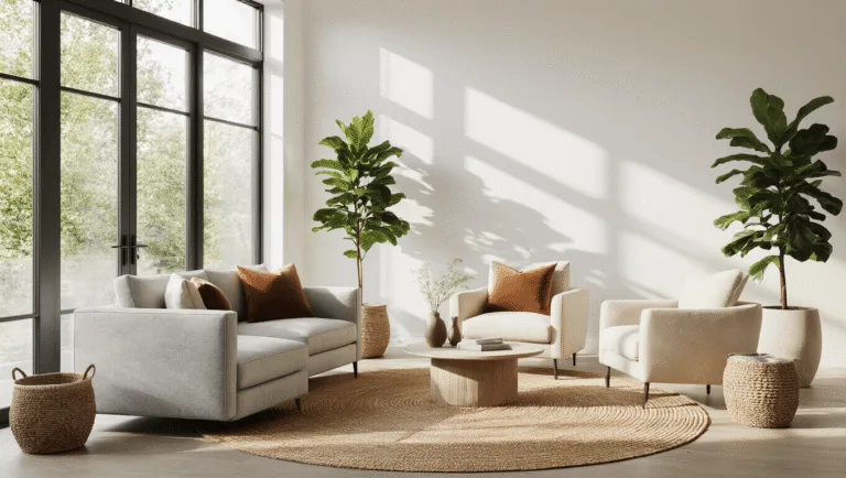 A bright, airy modern living room featuring an L-shaped light gray loveseat, cream linen armchairs, and a round jute rug, illuminated by dramatic natural light through floor-to-ceiling windows, with textures like velvet pillows and a fiddle leaf fig, accented by warm golden hour lighting, statement pendant light, and curated side tables, all in a soft color palette of blues, creams, and earth tones.