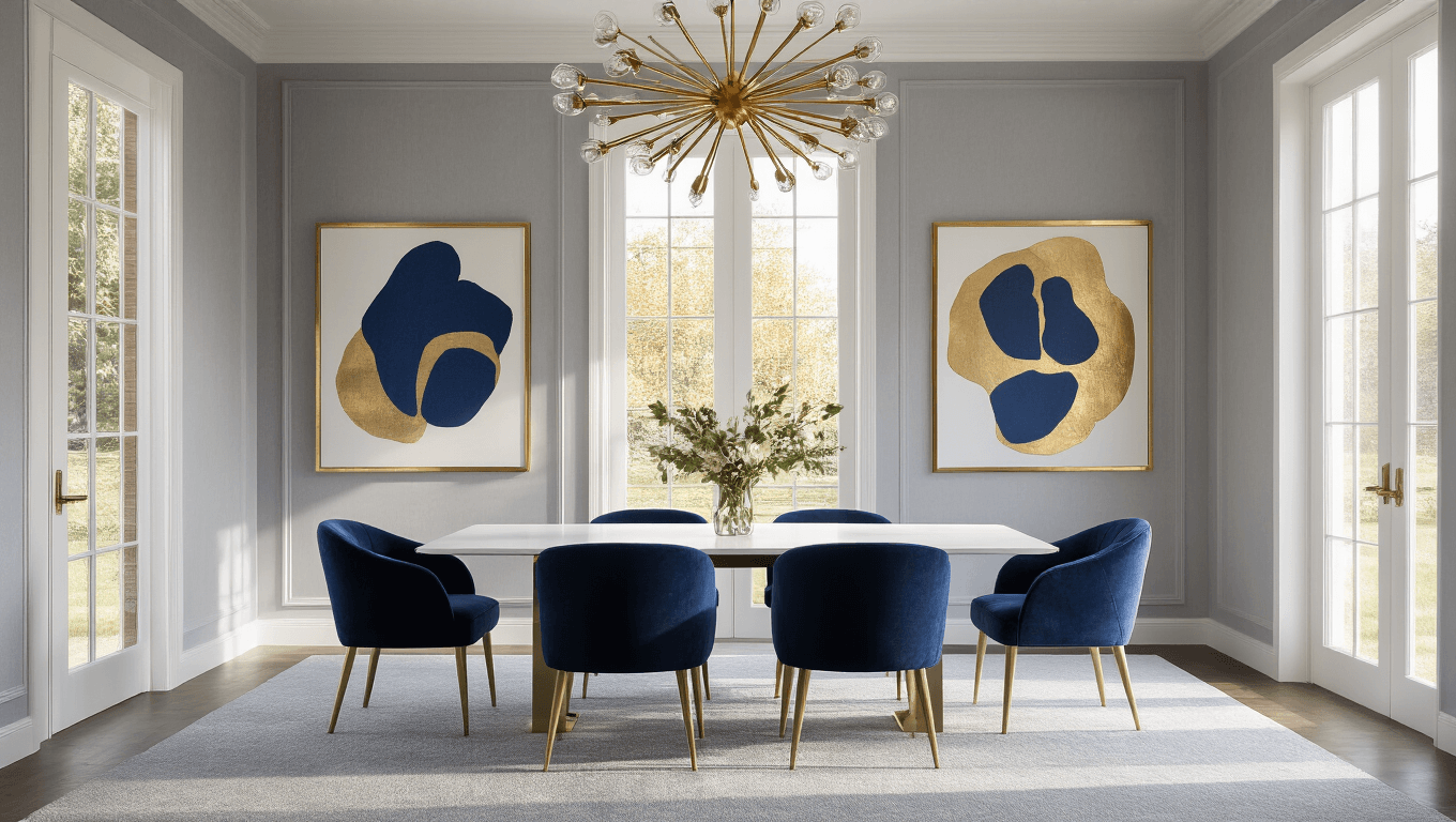 Photorealistic elegant dining room interior with dove grey carpeting, floor-to-ceiling windows, brass chandelier, white table, navy velvet chairs, and abstract gold and blue artwork, captured in warm golden hour lighting.