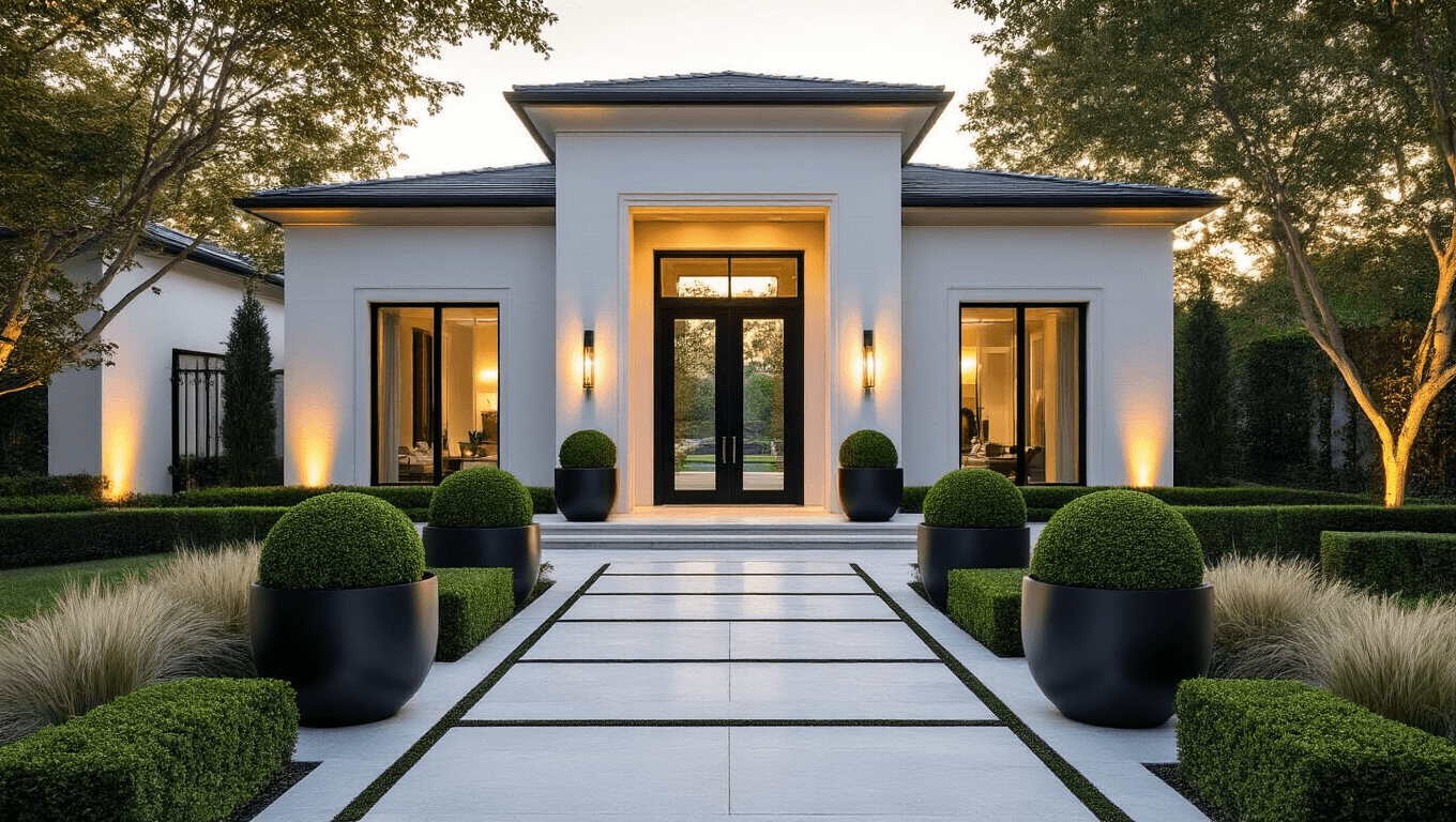 A modern luxury home entrance at golden hour, featuring a symmetrical limestone pathway to a glossy black front door, surrounded by manicured boxwood spheres in zinc planters and ornamental grasses, with dramatic uplighting on white stucco walls and warm ambient lighting.