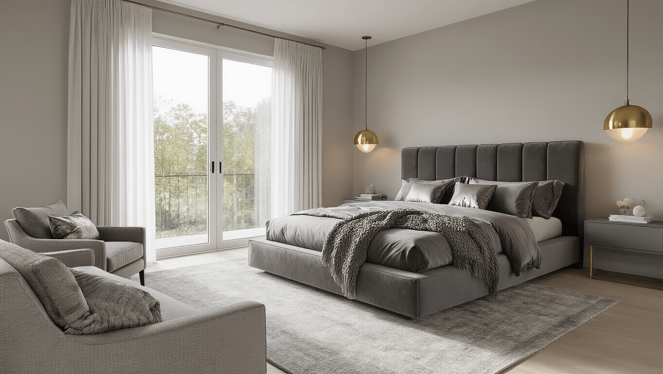 A sophisticated modern bedroom featuring a king-size platform bed with a charcoal velvet headboard, dressed in dove gray and silver textiles. The space is illuminated by warm morning light through floor-to-ceiling windows, with brass pendant lights, wide-plank white oak flooring, and a plush slate gray wool rug. Built-in dove gray nightstands with crystal lamps and a tonal abstract artwork complete the elegant interior.