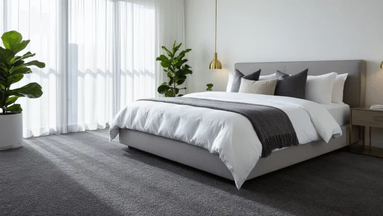 A luxurious modern bedroom with dark grey carpet, a king-size platform bed with white linens and grey throw pillows, natural light from floor-to-ceiling windows, and warm brass accents, captured in ultra-high-definition at golden hour.