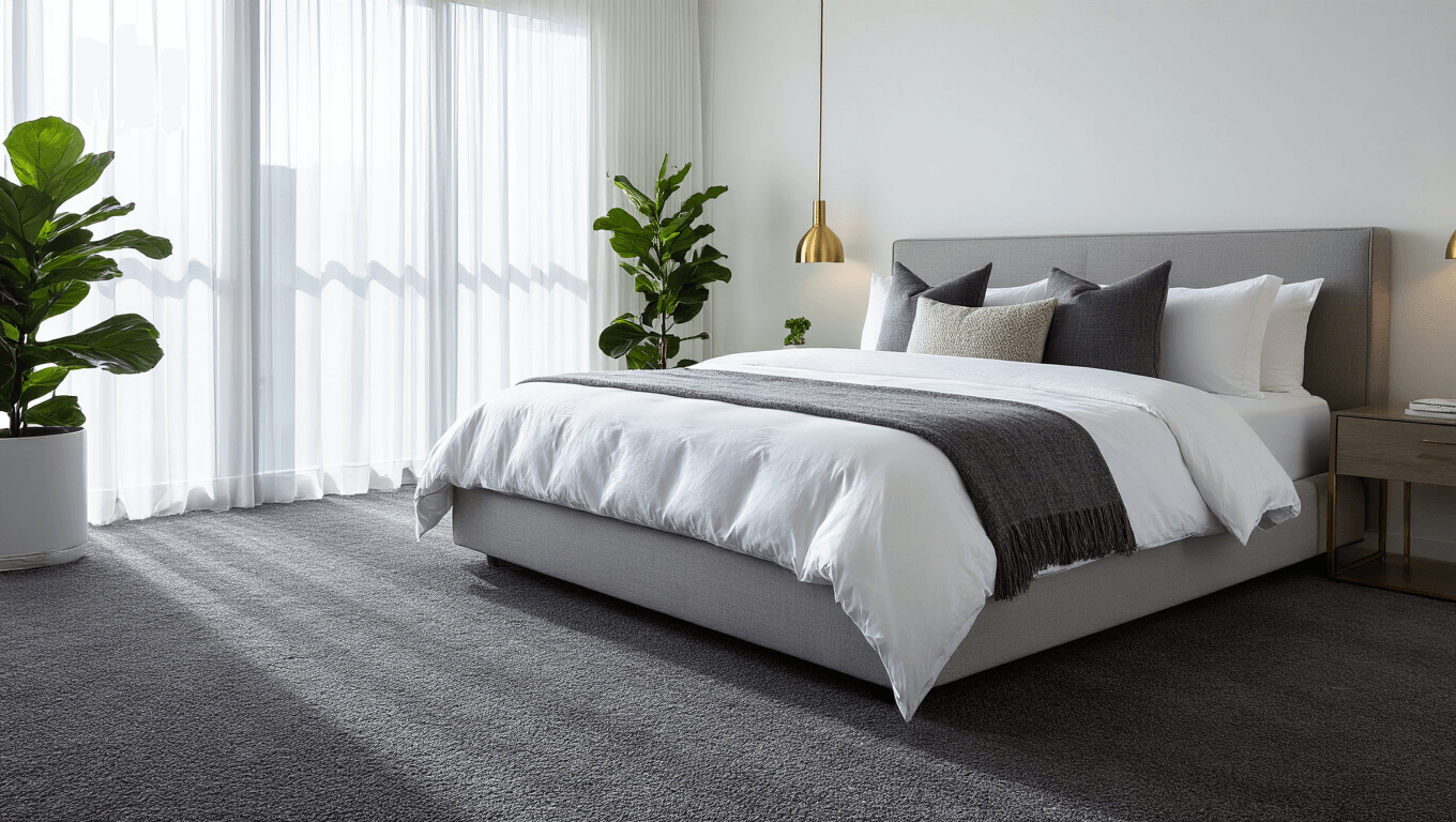 A luxurious modern bedroom with dark grey carpet, a king-size platform bed with white linens and grey throw pillows, natural light from floor-to-ceiling windows, and warm brass accents, captured in ultra-high-definition at golden hour.