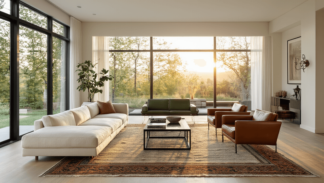 A modern rectangular living room with a cream linen sectional, cognac leather chairs, and a layered geometric rug, featuring natural light from floor-to-ceiling windows, a green velvet reading nook, a gallery wall of black and white photographs, and a fiddle leaf fig tree, all captured in warm golden hour lighting.