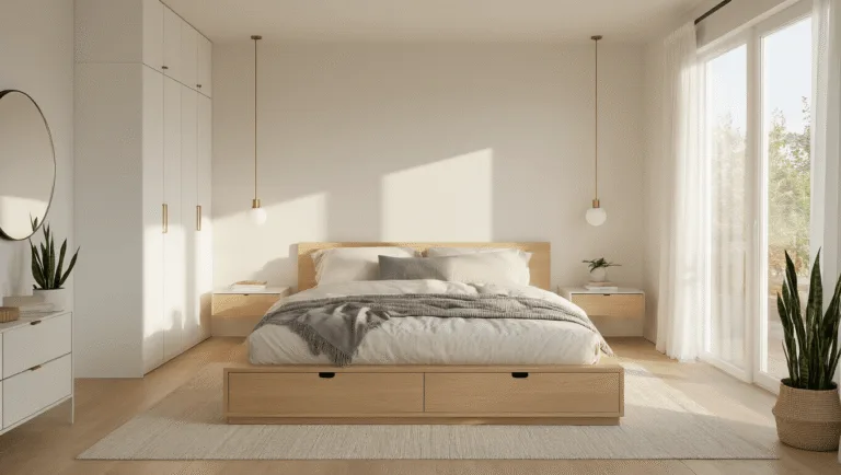 Photorealistic wide-angle image of a compact modern minimalist bedroom featuring golden hour sunlight, a light oak platform bed, floating nightstands, and tall white built-in wardrobes, enhanced with natural linen bedding and potted snake plants, shot in architectural photography style.