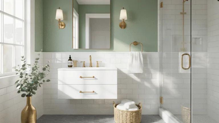 Cinematic wide-angle view of a bright, minimalist 5x8ft bathroom featuring a wall-mounted white floating vanity with brass hardware, vertical subway tiles, and a sage green accent wall, illuminated by morning sunlight through a frosted window, with natural elements and hexagonal grey floor tiles.