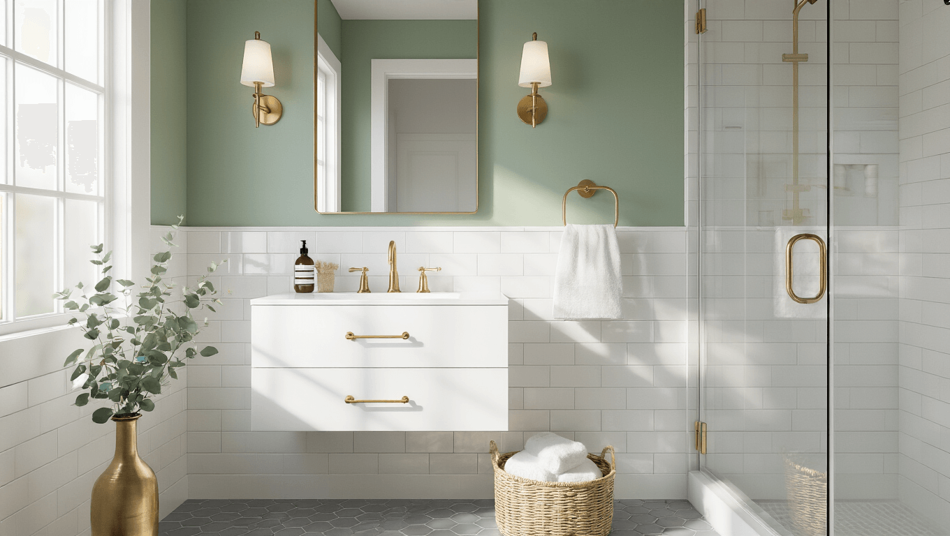 Cinematic wide-angle view of a bright, minimalist 5x8ft bathroom featuring a wall-mounted white floating vanity with brass hardware, vertical subway tiles, and a sage green accent wall, illuminated by morning sunlight through a frosted window, with natural elements and hexagonal grey floor tiles.