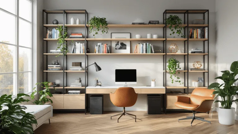 Hyperrealistic image of a modern home office featuring floor-to-ceiling modular shelving, a floating desk with a MacBook Pro, and an Eames chair, illuminated by natural afternoon light, showcasing a curated display of design books, ceramic vessels, and plants.