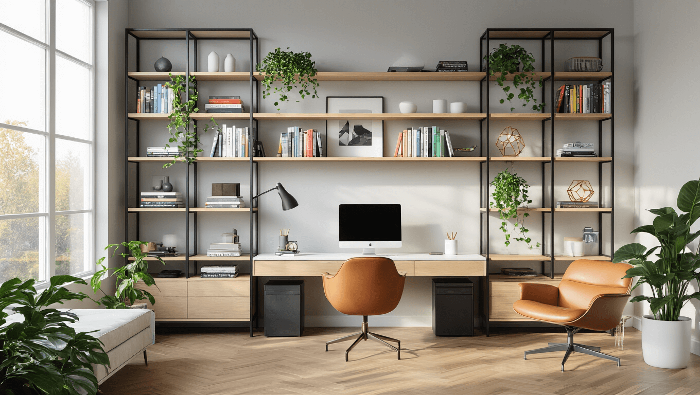 Hyperrealistic image of a modern home office featuring floor-to-ceiling modular shelving, a floating desk with a MacBook Pro, and an Eames chair, illuminated by natural afternoon light, showcasing a curated display of design books, ceramic vessels, and plants.