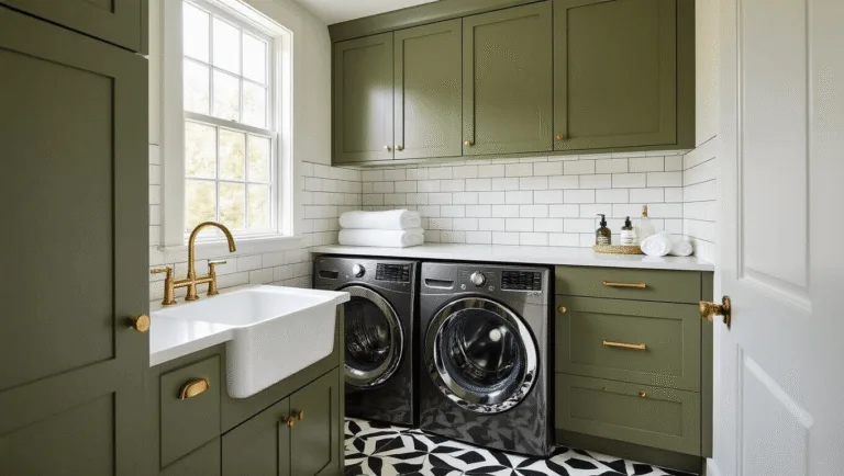 A luxurious compact laundry room featuring olive green shaker cabinets, a white porcelain undermount sink, and a stacked brushed steel washer-dryer unit, all illuminated by soft morning light. The room showcases bold black and white geometric cement floor tiles, a white subway tile backsplash with dark grout, and warm brass fixtures. Minimalist decor includes a glass soap dispenser and rolled white towels.