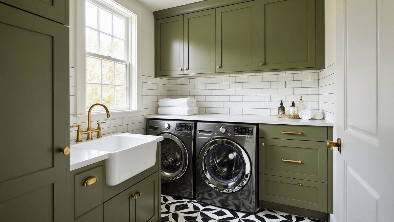 A luxurious compact laundry room featuring olive green shaker cabinets, a white porcelain undermount sink, and a stacked brushed steel washer-dryer unit, all illuminated by soft morning light. The room showcases bold black and white geometric cement floor tiles, a white subway tile backsplash with dark grout, and warm brass fixtures. Minimalist decor includes a glass soap dispenser and rolled white towels.