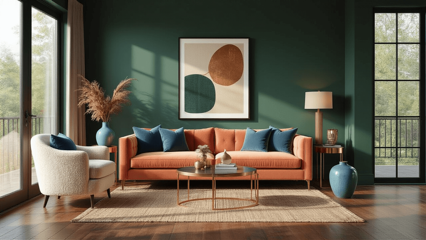 Photorealistic wide-angle shot of a modern living room featuring a Peach Fuzz velvet sofa, forest green accent wall, cream bouclé armchair, brass accent tables, vintage jute rug, and decorative elements in powder blue and periwinkle, illuminated by natural light.