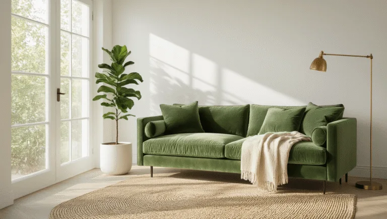 A bright, minimalist living room featuring a sage green velvet sofa, floor-to-ceiling windows, a fiddle leaf fig tree, and warm, inviting decor elements, captured in high-resolution with soft depth of field and golden hour lighting.