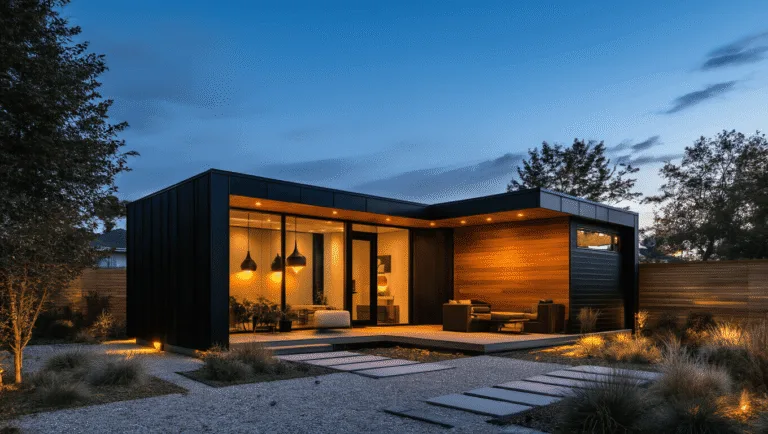 Photorealistic image of a contemporary backyard shed at twilight, featuring a black metal exterior, cedar accents, and floor-to-ceiling windows, warmly lit from within, surrounded by drought-resistant landscaping and soft garden lights.