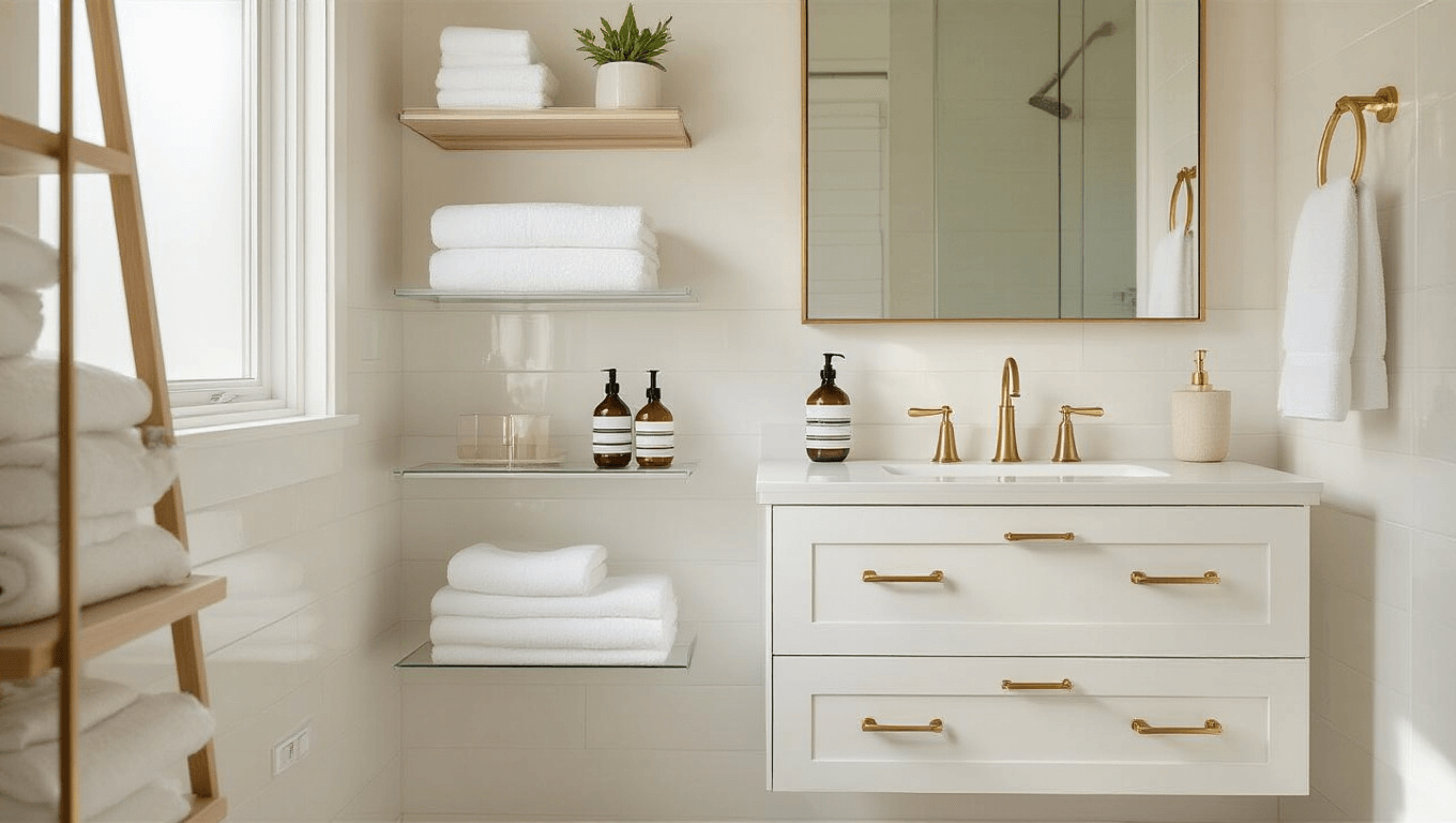 Bright, modern small bathroom featuring a white floating vanity, vertical storage, glass shelves with towels, a large mirror, and a minimalist Scandinavian aesthetic illuminated by natural light.