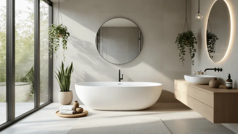 Photorealistic image of a modern spa bathroom featuring a freestanding white porcelain bathtub, floating bleached oak vanity, and floor-to-ceiling windows allowing morning sunlight. The space includes natural elements like potted snake plants and hanging eucalyptus, with light grey stone tiles, matte black fixtures, and soft ambient lighting, all presented in a neutral color palette.