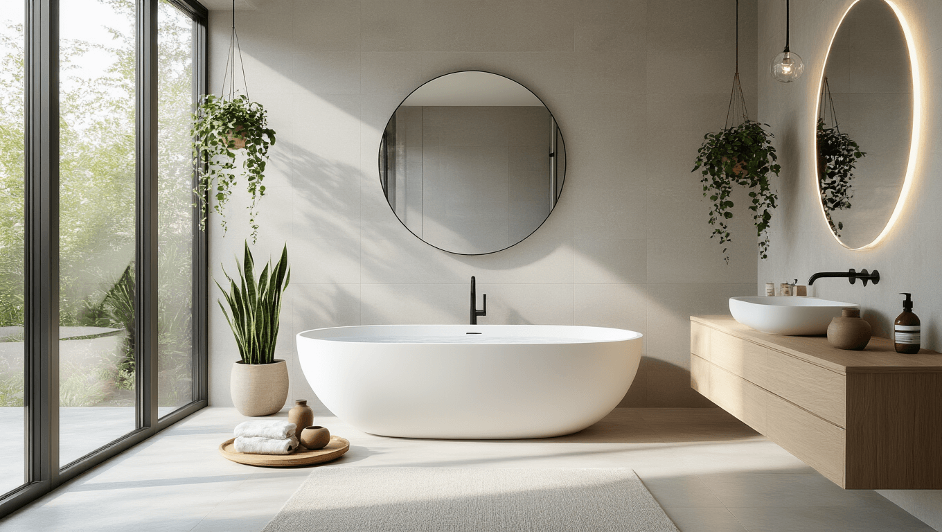 Photorealistic image of a modern spa bathroom featuring a freestanding white porcelain bathtub, floating bleached oak vanity, and floor-to-ceiling windows allowing morning sunlight. The space includes natural elements like potted snake plants and hanging eucalyptus, with light grey stone tiles, matte black fixtures, and soft ambient lighting, all presented in a neutral color palette.