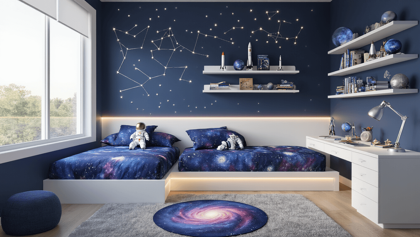 A modern boy's bedroom with a navy blue accent wall, celestial decals, and soft morning sunlight, featuring a twin platform bed with cosmic-print bedding, model rockets, and a white desk with LED lighting, all set on plush gray carpeting.