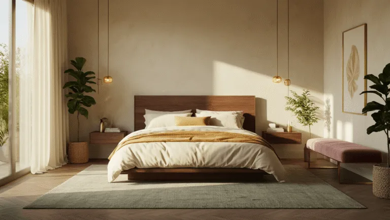 A serene modern bedroom with a walnut platform bed, layered cream and ochre linens, floating brass nightstands, and natural sunlight filtering through linen curtains. The space features a muted sage rug, dusty rose velvet bench, fiddle leaf figs, ambient brass lighting, and curated art on floating shelves, all against a whitewashed brick wall.