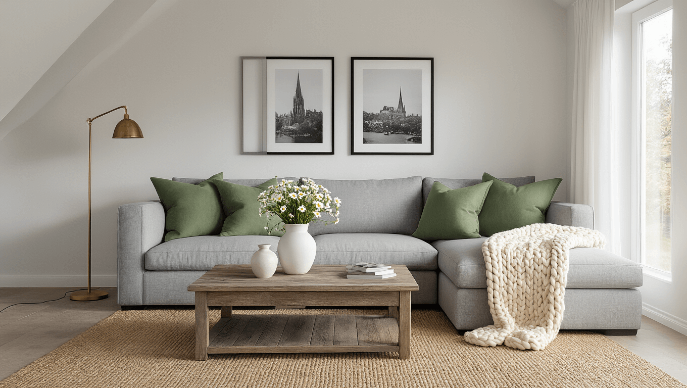 Sunlit minimalist living room featuring a grey linen sectional with cream throws and sage pillows, vintage oak coffee table, white vase with daisies, black and white photo gallery on warm white walls, jute rug, and brass floor lamp, all under vaulted ceilings with sheer curtains.