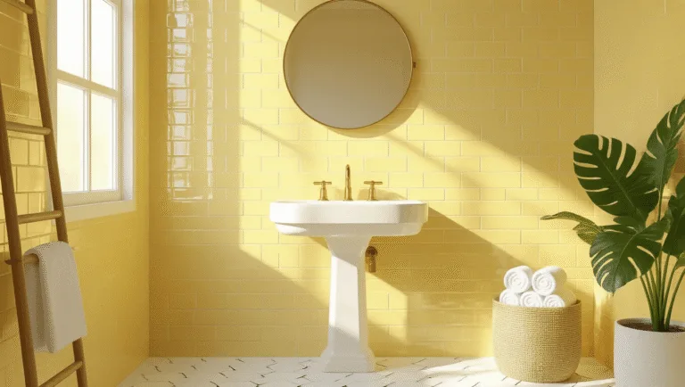 Photorealistic interior of a sunlit modern bathroom featuring buttercream yellow subway tiles, a white pedestal sink with brushed brass fixtures, and a minimalist round mirror, complemented by hexagonal floor tiles, a bamboo towel ladder, and a vibrant monstera plant, all captured in warm golden hour light.