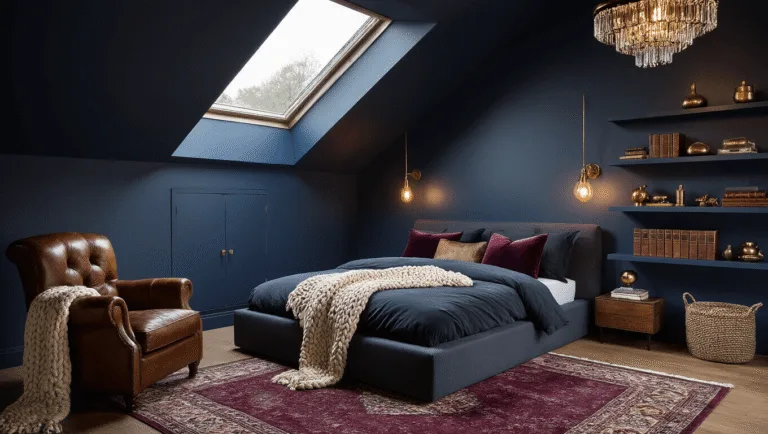 Photorealistic attic bedroom with deep navy walls, sloped ceilings, and dramatic evening lighting. Features a low platform bed with charcoal linen and jewel-toned pillows, a vintage leather armchair, chunky knit throws, and brass Edison bulb sconces. Decorated with floating shelves of brass objects and leather-bound books, and layered Persian rugs. A crystal chandelier and oversized gilded mirror enhance the luxurious ambiance.