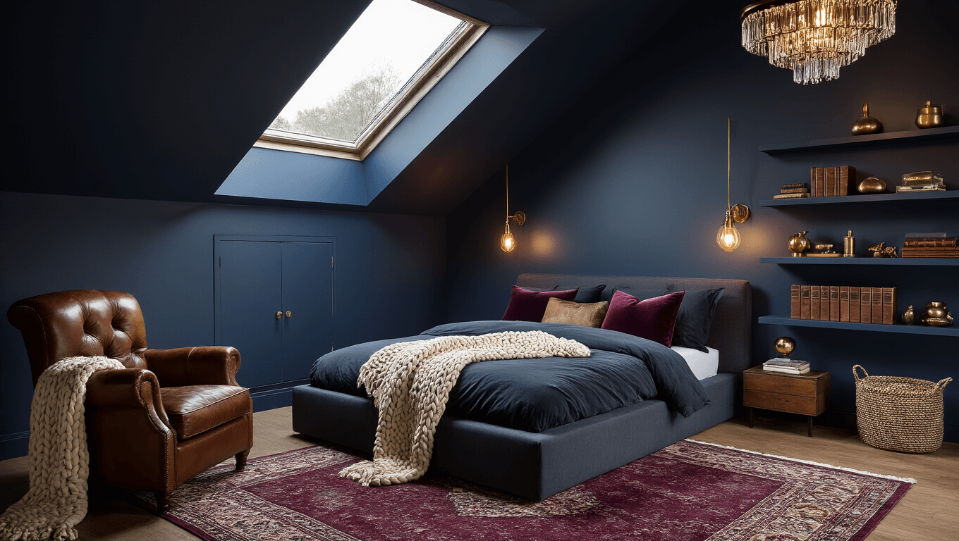 Photorealistic attic bedroom with deep navy walls, sloped ceilings, and dramatic evening lighting. Features a low platform bed with charcoal linen and jewel-toned pillows, a vintage leather armchair, chunky knit throws, and brass Edison bulb sconces. Decorated with floating shelves of brass objects and leather-bound books, and layered Persian rugs. A crystal chandelier and oversized gilded mirror enhance the luxurious ambiance.