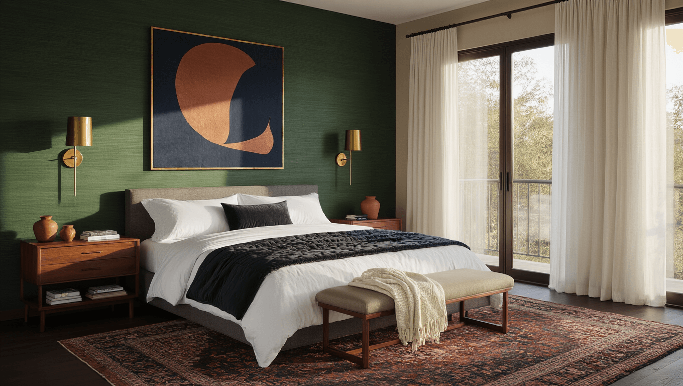 A luxurious bedroom with deep forest green grasscloth walls, featuring a king-sized platform bed with layered bedding, vintage brass sconces, mid-century walnut nightstands, and large abstract art, all bathed in warm golden hour light.