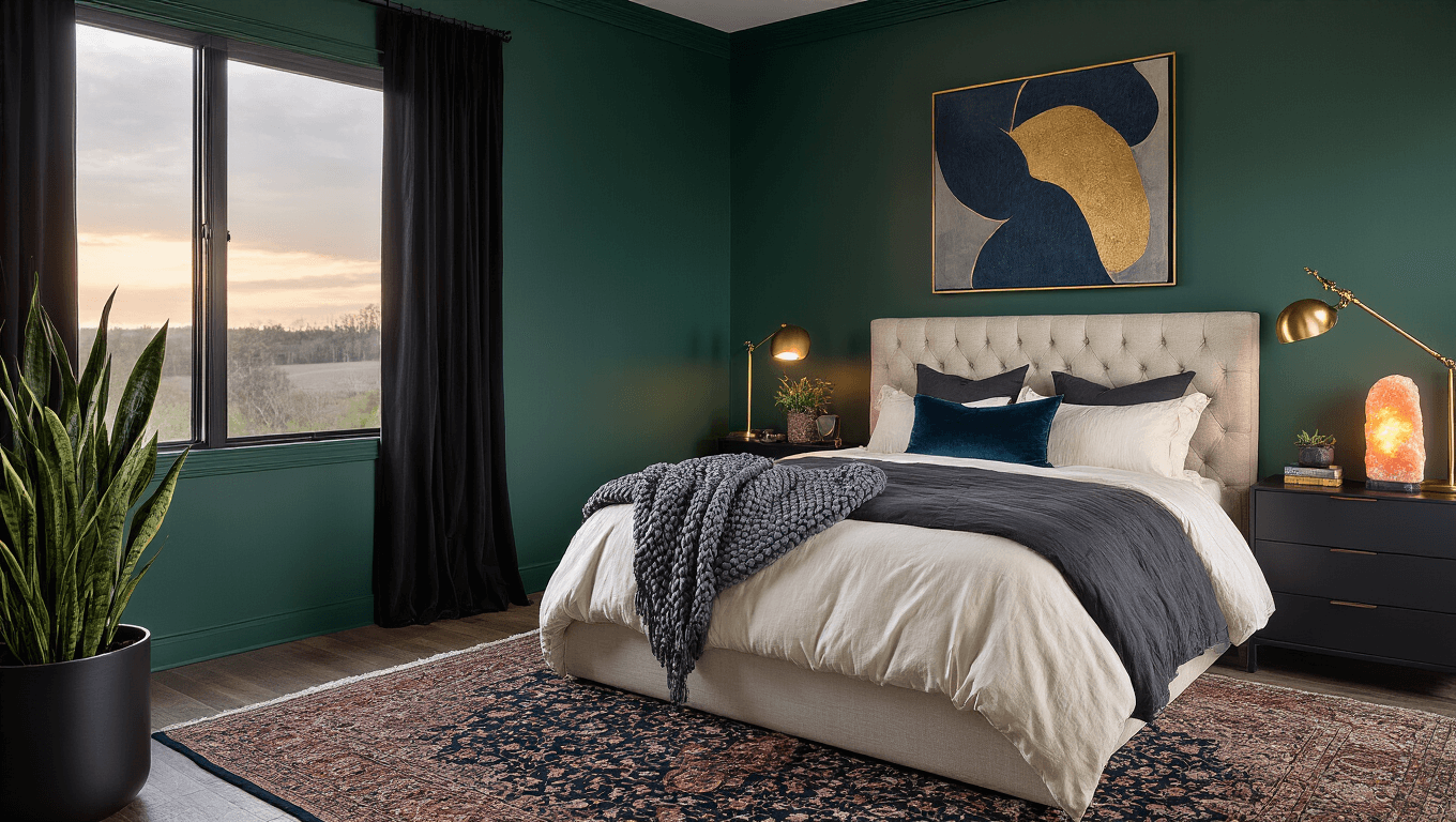 A luxurious moody bedroom with emerald walls, a king-sized bed adorned with layered textures, warm ambient lighting, and a vintage Persian rug, captured in hyperrealistic detail at golden hour.