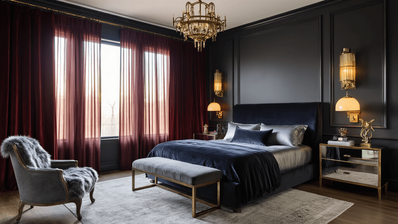 A luxurious bedroom with charcoal gray walls, burgundy silk curtains, and a midnight blue velvet king-sized bed, featuring vintage brass lighting and an elegant Persian rug, captured during golden hour in ultra-high resolution.