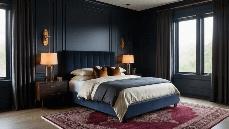 Cinematic interior photograph of a luxurious master bedroom with deep navy walls, velvet headboard, layered bedding, warm ambient lighting, and dramatic fixtures, captured during golden hour in hyperrealistic detail.
