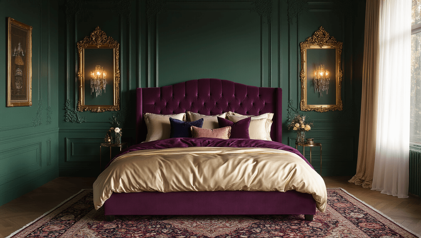 A luxurious moody bedroom featuring a tufted king bed with rich velvet pillows, dark emerald walls, an oversized antique brass mirror, and a vintage Persian rug, all bathed in warm golden hour light.