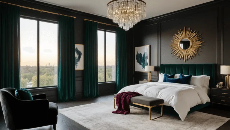 Photorealistic interior of a luxurious master bedroom featuring deep charcoal walls, a king-size bed with white linens, a crystal chandelier, and jewel-toned accents, illuminated by evening golden hour light.