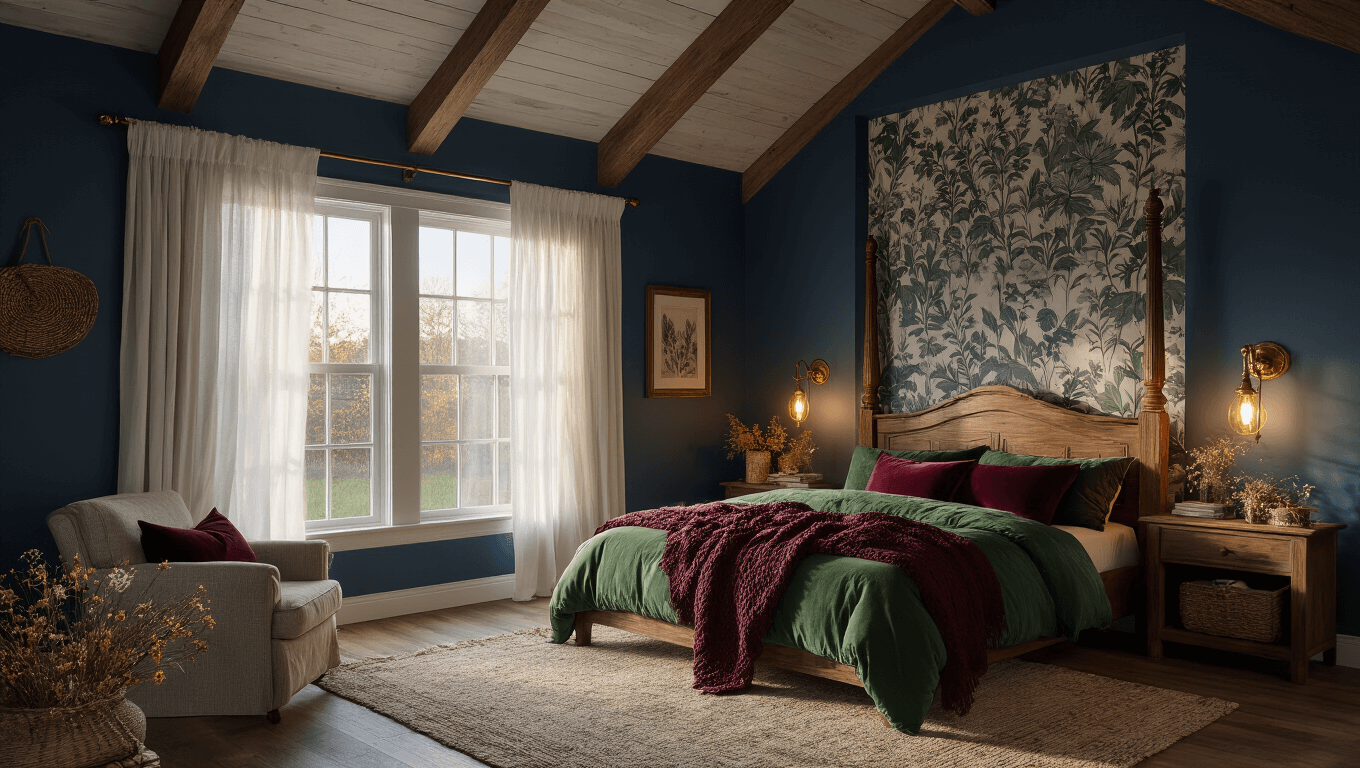 A enchanting cottagecore bedroom at twilight featuring a four-poster bed with rich linens, golden hour light filtering through sheer curtains, vintage brass sconces, and a dramatic botanical wallpaper accent wall, all enhanced by warm tones and intricate textures in a cozy, moody atmosphere.