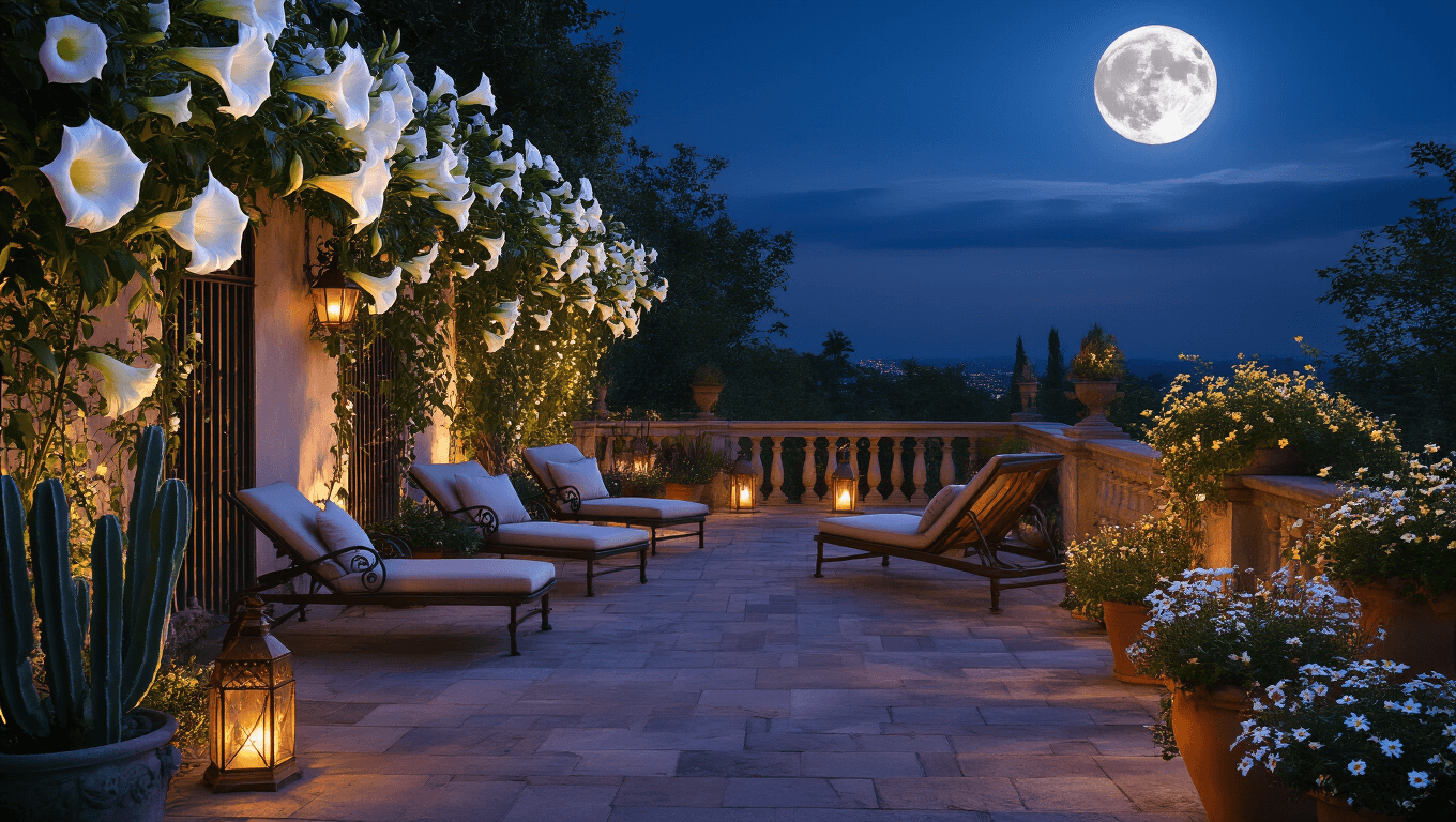 A serene twilight garden terrace adorned with luminous Moonflowers, Queen of the Night cacti, and vintage copper lanterns, all illuminated by the full moon's glow, showcasing reflective plants and a meditation pond with giant water lilies, captured in dreamy bokeh and soft landscape lighting.