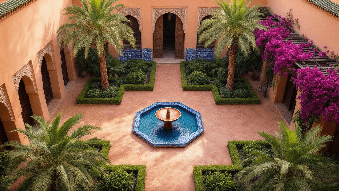 Aerial view of a luxurious Moroccan courtyard garden featuring an octagonal copper fountain, cobalt blue tiled raised beds, mature date palms, a wrought iron pergola with bougainvillea, and traditional tadelakt plaster walls, captured in soft golden hour light.