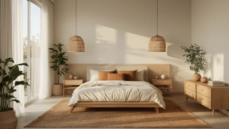 Photorealistic modern bedroom at golden hour, featuring a low-profile platform bed with cream linen bedding, rattan pendant lights, and floor-to-ceiling windows with sheer curtains. Natural wood nightstands and ceramic lamps flank the bed, while a handwoven terracotta rug anchors the space. Potted plants and brass sconces add warmth, with textures captured in high detail.