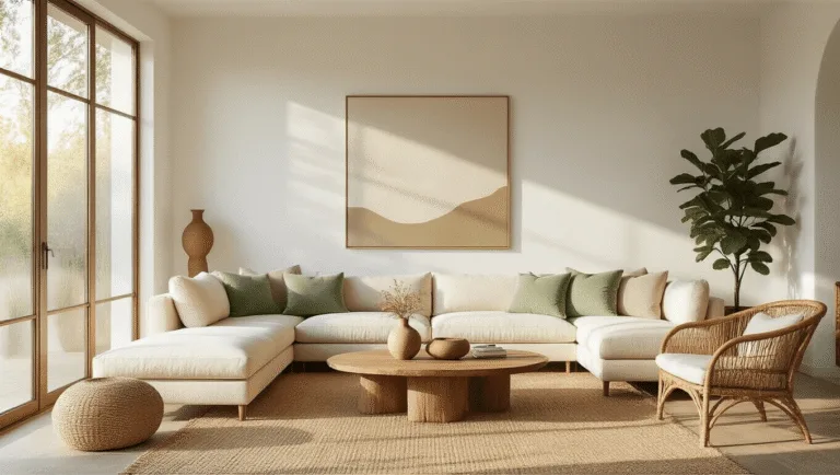 Cinematic wide-angle shot of a sunlit modern living room featuring a cream linen sectional sofa, walnut coffee table, rattan armchairs, and a jute area rug, with natural light casting shadows and highlighting organic textures.