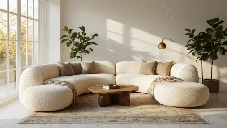 A sunlit modern living room featuring a curvaceous cream boucle sectional sofa adorned with neutral pillows and a cashmere throw, complemented by a live-edge walnut coffee table and industrial brass floor lamp, surrounded by fiddle leaf fig trees and a vintage Moroccan rug, all under exposed wooden beams and textural white walls.