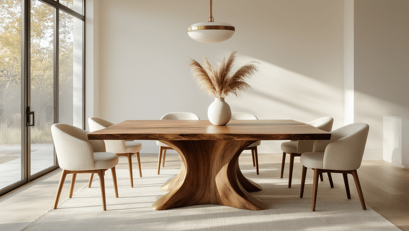 Photorealistic interior of a sunlit dining space featuring a live-edge walnut table with a brass base, surrounded by bouclé chairs, with a vase of pampas grass, golden hour lighting, and warm white decor.