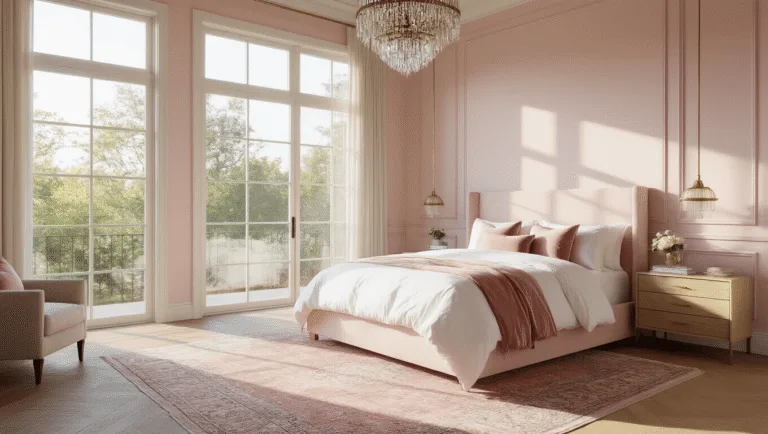 Photorealistic interior of a modern pink bedroom adorned with blush velvet pillows and crisp white linens on a California king bed, featuring pale pink satin walls and natural oak herringbone flooring, bathed in golden hour light from large windows, complemented by a vintage Persian rug, brass accents, and a crystal chandelier.
