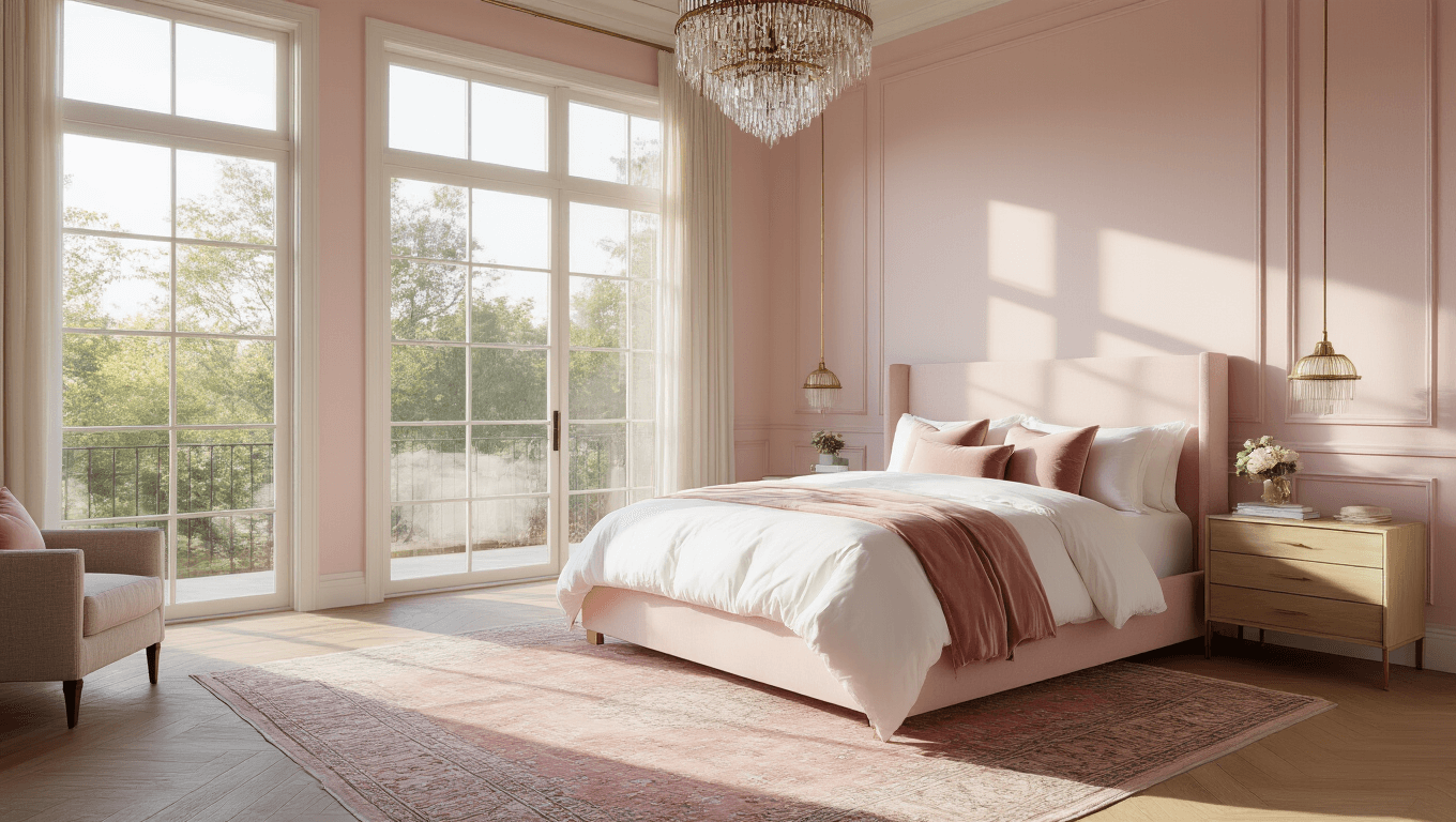 Photorealistic interior of a modern pink bedroom adorned with blush velvet pillows and crisp white linens on a California king bed, featuring pale pink satin walls and natural oak herringbone flooring, bathed in golden hour light from large windows, complemented by a vintage Persian rug, brass accents, and a crystal chandelier.