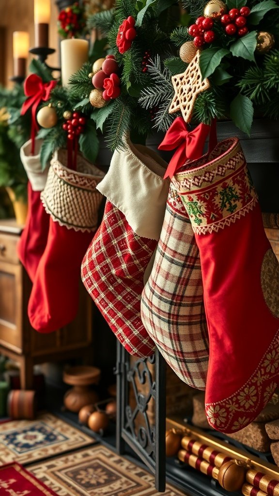 A collection of old-fashioned Christmas stockings hanging from a mantel, decorated with festive greenery and ornaments.