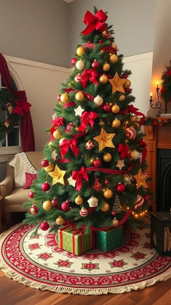 A beautifully decorated Christmas tree with a vintage-style tree skirt featuring red and gold patterns.