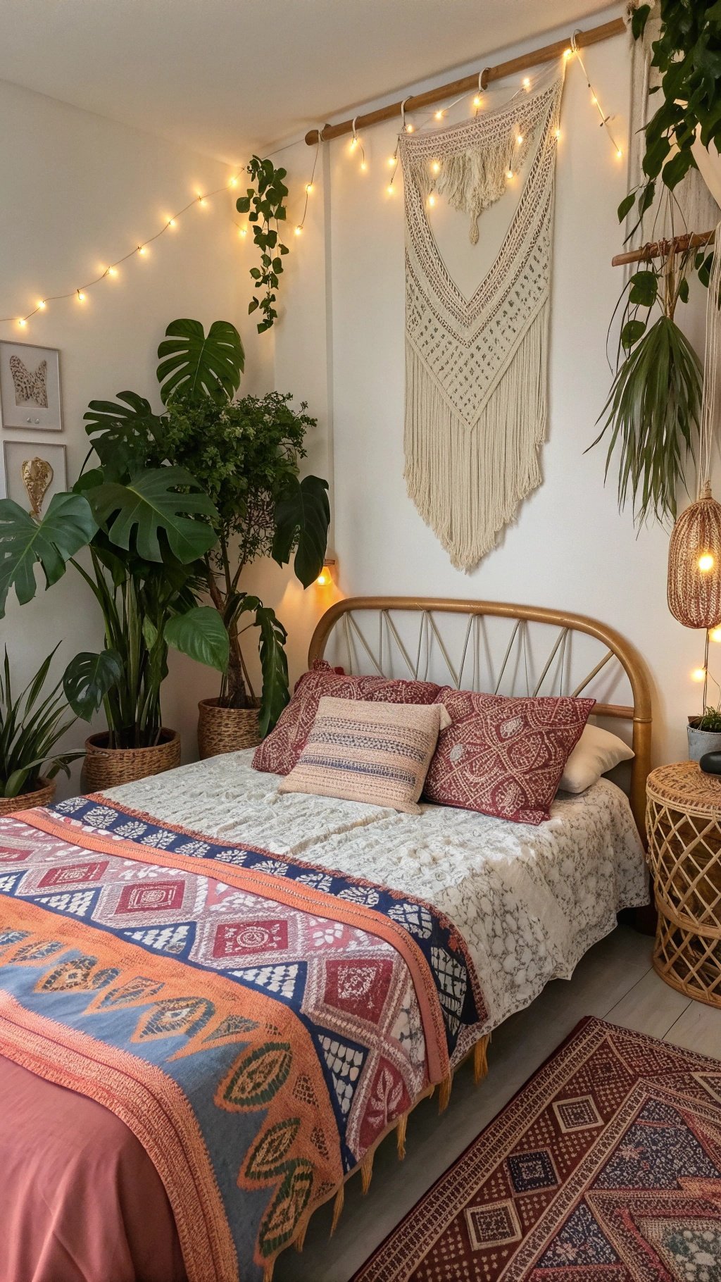 A cozy boho chic bedroom with a bed covered in patterned throws, lush plants, and warm lighting.