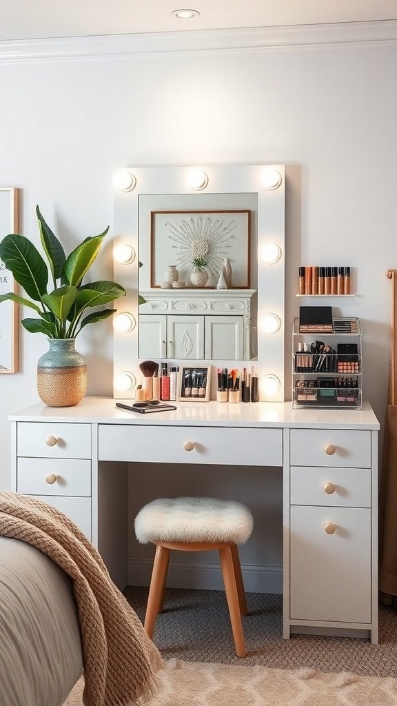 A stylish vanity with a large mirror, lights, and organized makeup products, complemented by a plant.